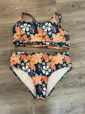 Cupshe Navy Bikini Set with Orange and White Floral Print